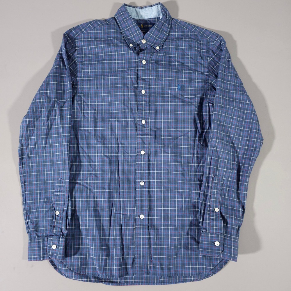 Ralph Lauren Button Down Shirt Mens M Blue Plaid Slim Fit Long Sleeve Cotton